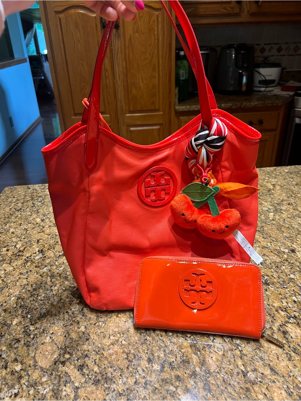 Tory Burch Bright Red Tote with Matching Patent Wallet